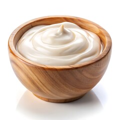 Sour cream or yogurt in wooden bowl isolated on white background