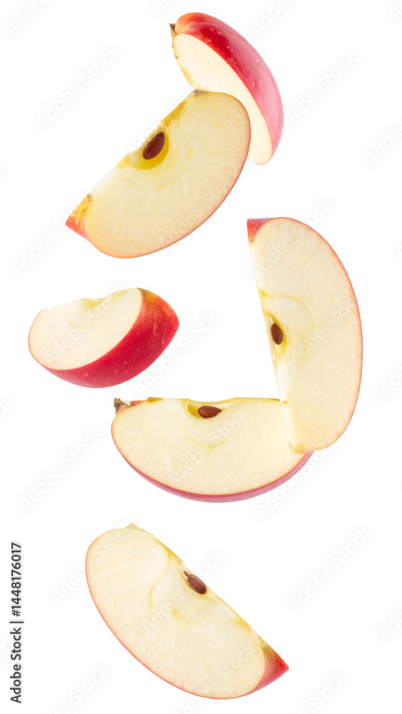 Poster slices of red apple falling chaotically on transparent background