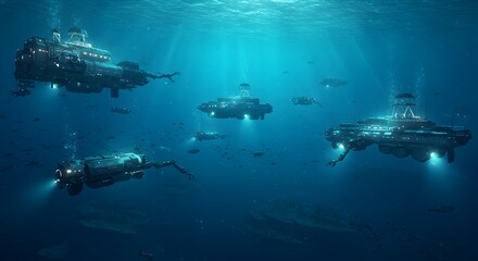 Futuristic underwater exploration fleet with advanced submarines in blue depths