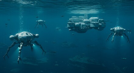 Fototapeta premium Exploration of Underwater Research Station with Robotic Probes in Dark Ocean