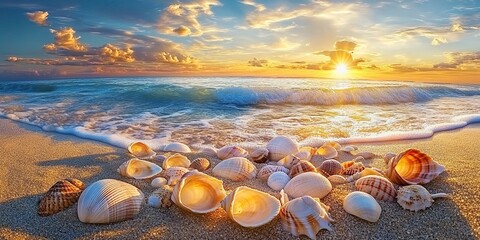 Serene sunset beach with seashells, gentle waves, and colorful sky.