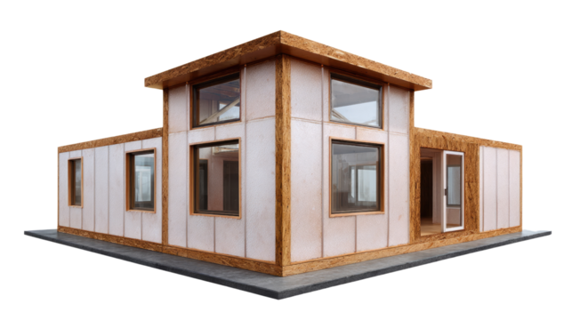 Modern Modular House Design: A 3D rendering of a modern modular house with wood panels, large windows, and a sleek contemporary design.