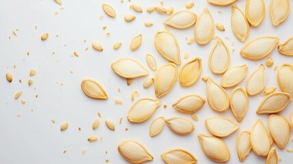 Isolated pumpkin seeds flat lay, healthy snack display on white background