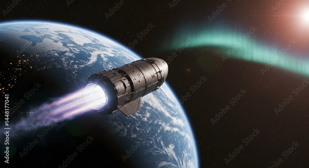 Poster futuristic spaceship navigating through cosmos with aurora over planet earth