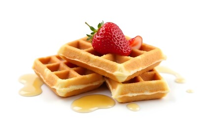 viennese waffles with strawberry and sweet syrup isolated on white background