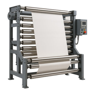 Automated industrial machine with numerous metal rollers expertly guiding a continuous sheet of white material.