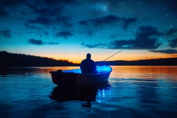 A solitary angler enjoys a peaceful night fishing under a starry sky lake
