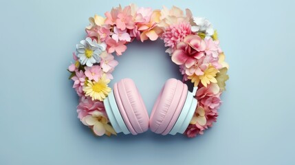 Pink wireless headphones are surrounded by colorful flowers, creating a calming and beautiful scene