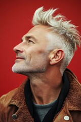 Obraz premium Visual idea of style for aging men. A cheerful man radiating warmth and positivity. Modish men's textured crop haircut - midlife white man with blond hair. Red solid background.