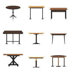 Illustration showcasing various wooden tables featuring potted plants and decorative elements in a modern style. Ideal for interior design, furniture catalogs, or home decor themes.

