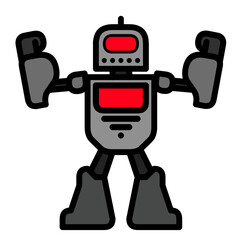 Cartoon Illustration of a Grey Robot with Black Outlines, Red Screen and Details on its Head and Body, Short Arms Raised with Clenched Fists, and Sturdy Legs, Standing on a White Background