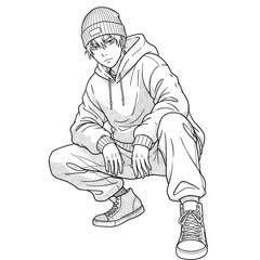 Urban Teen Illustration: A stylish young man in a beanie, hoodie, and streetwear, sitting in a crouching pose with a confident attitude.  
