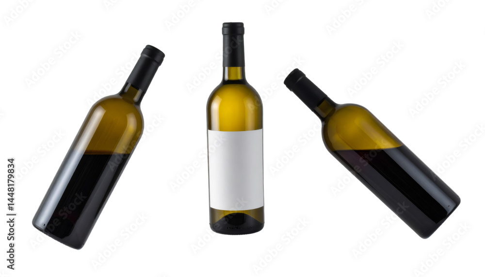 Poster three wine bottles with blank white labels shot from different angles, isolated on transparent backg