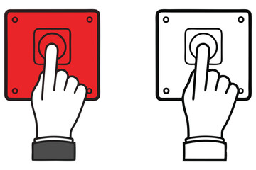 Outline hand presses square red button next to a monochrome variant, transparent background