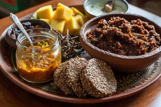 Tamarind chutney made by blending crushed dates with tamarind paste served as a side in India