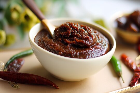 Tamarind chutney made from crushed dates blended with tamarind paste served as a side dish in India