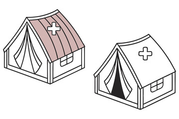 Two simplistic medical tent drawings depict health aid structures, one colored and one monochrome, both on white ©  Design_ mn