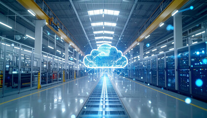 Cloud Factory Integration: Modern factory seamlessly integrates advanced cloud technology and infrastructure. Showing a futuristic perspective of innovation and efficiency. 
