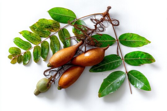 Tamarind fruit and green leaves on a white background