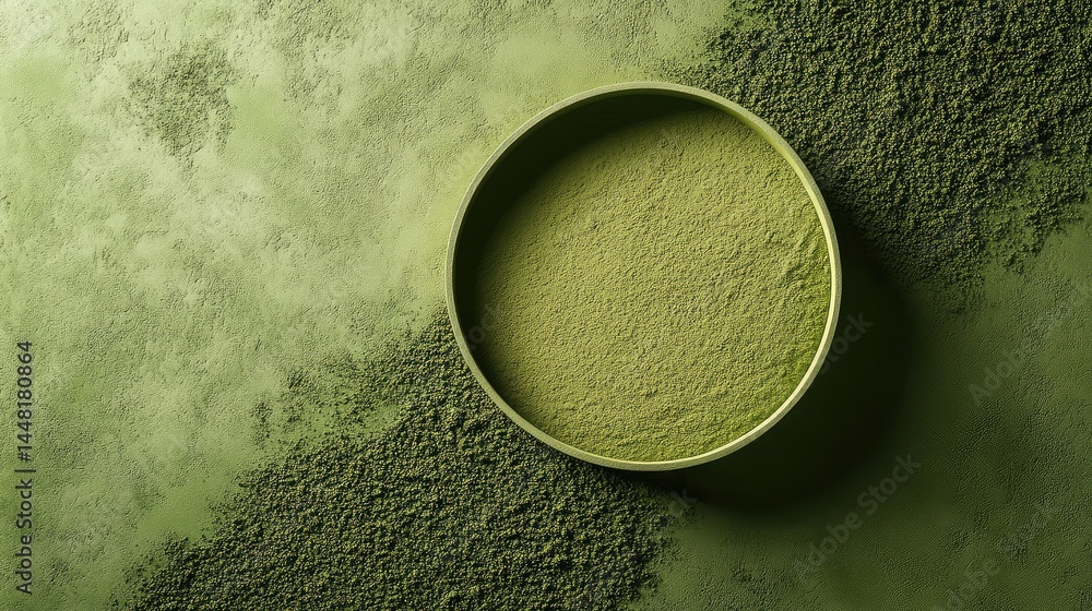 Poster matcha powder circle on background with visible grain and smooth edges, top view