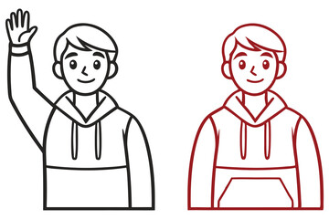 Obraz premium Smiling Asian male cartoon wearing hooded sweatshirt is waving a friendly hand gesture in outline