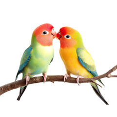 Fototapeta premium Two lovebirds perched on a branch, one looking lovingly at the other, creating a touching moment of affection. The vibrant colors of the birds enhance their cuteness and charm. 