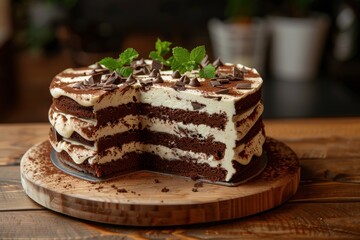 Delicious Chocolate Cake with Cream Layers and Mint Garnish