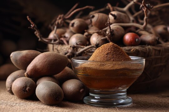 Tamarind pulp in a bowl or imli fruit on a pile