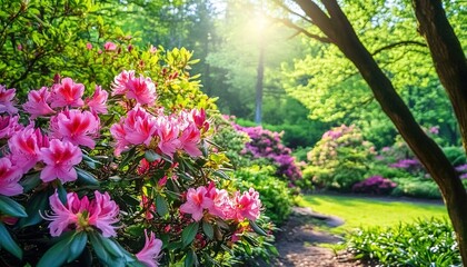 Garden with pink azaleas, green grass, trees, and sunlight.