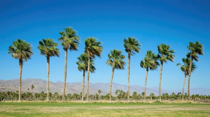 Obraz premium Windswept palm trees line a verdant landscape.
