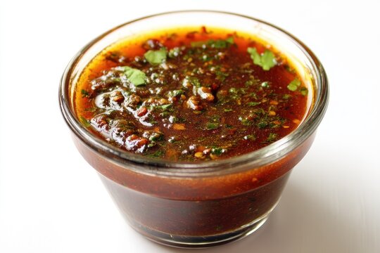 Tamarind sauce in a glass dish against a white backdrop