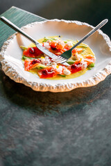 A stylish plate of gourmet seafood, featuring slices of salmon and vibrant garnishes, elegantly arranged and ready to enjoy, set against a contemporary backdrop.