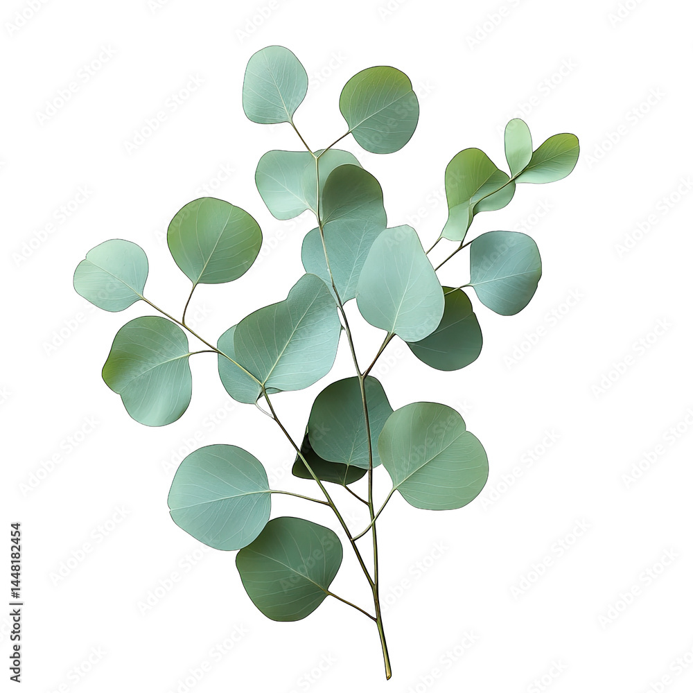 Poster a close-up view of a vibrant eucalyptus branch showcasing its smooth. round leaves. set against a cl
