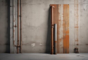 Glued poster mockup, rusty pipes & textured concrete wall , background, metal