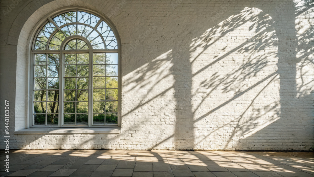 Poster white brick wall with large arched window casting intricate shadows of tree branches on wall and flo