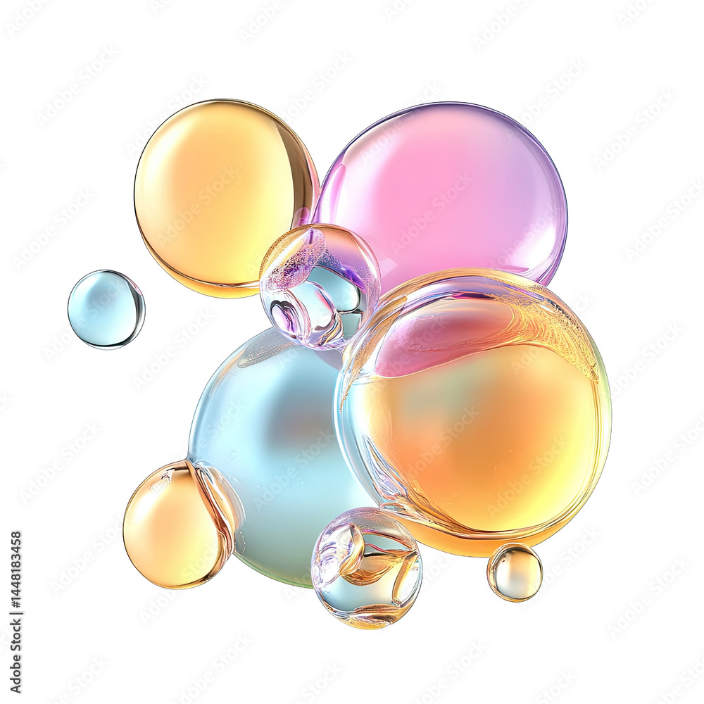 Poster colorful. translucent bubbles of various sizes floating against a black background. creating a sense
