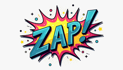 Dynamic comic-style text "ZAP!" with explosive effects and vibrant colors on a light background for expressive communication
