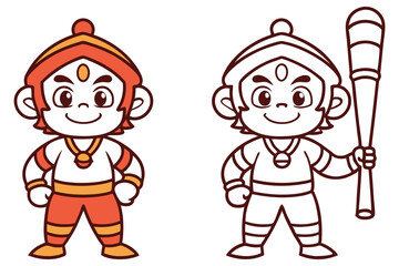 Cartoon Hanuman presents in color and outline variations, smiling broadly and ready to protect