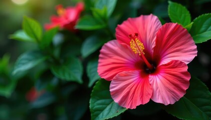 Intricate hibiscus blossoms, vibrant petals, lush leaves , blossom, leaves, floral design