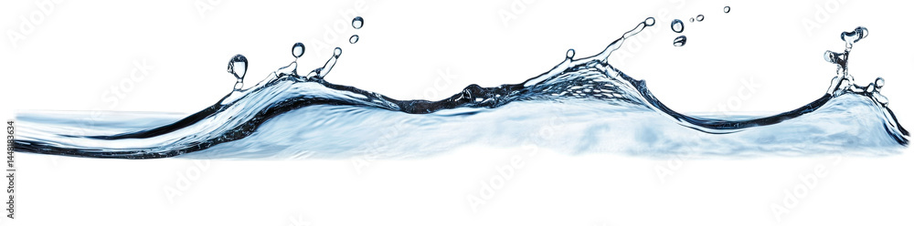 Poster a dynamic splash of clear water captured mid-motion. showcasing droplets and waves against a clean b