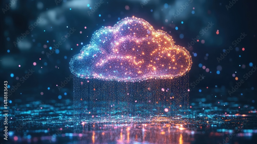 Aufkleber abstract digital cloud representation. particles form a cloud shape with glowing effect. rain of par