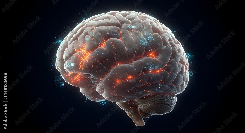 Poster technological representation of a human brain with glowing neural activity