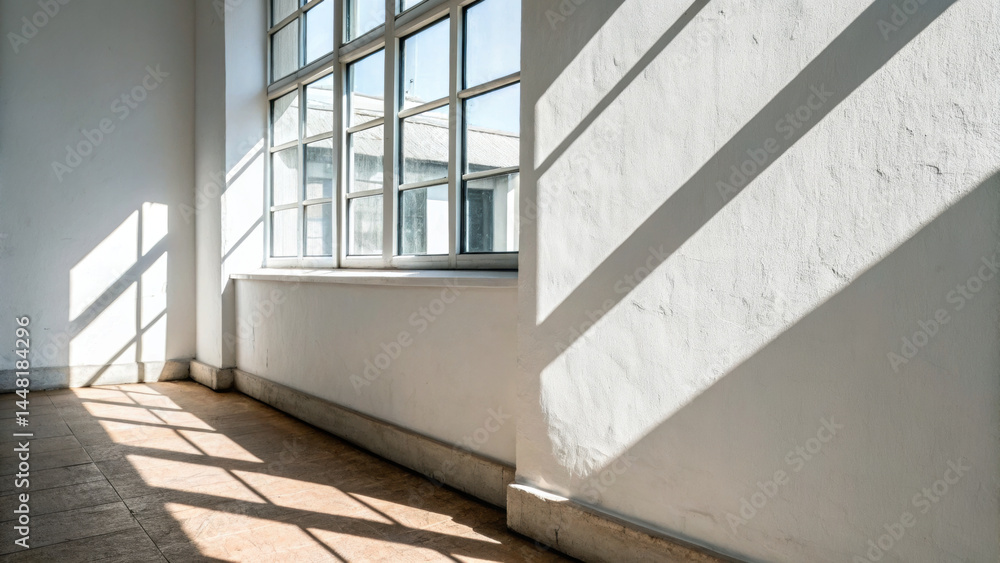 Poster sunlight casting sharp window frame shadows on white painted wall and floor in empty room with large