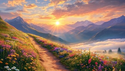 Winding path through wildflower-covered hillside with snowy peaks and misty sunlight.
