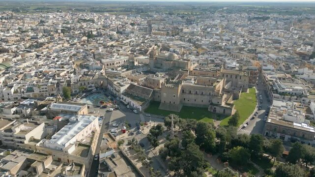 Aerial drone video of the old town center in Mesagne in Puglia, southern Italy.