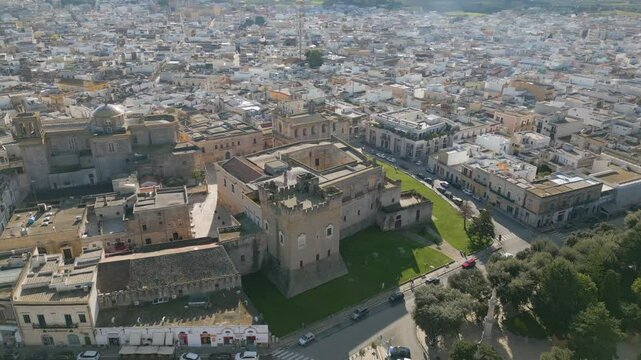 Aerial drone video of the old town center in Mesagne in Puglia, southern Italy.