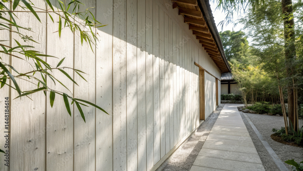 Poster whitewashed wooden wall with soft moving bamboo shadows along stone pathway in serene garden setting