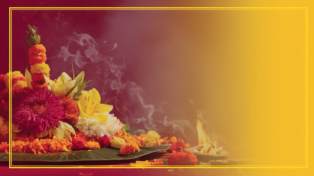 Kharchi Puja, vertical banner design with yellow to maroon color gradient, small fire image and flower offerings in the background