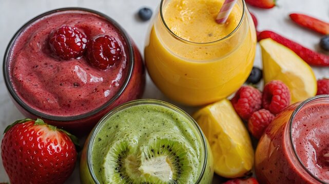 Batidos saludables: cuatro smoothies en vasos transparentes, cada uno resaltando tonalidades intensas y decorado con una cuidada selecci&oacute;n de frutas frescas &mdash;frambuesas, fresas, ar&aacute;ndanos, lim&oacute;n y kiw