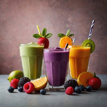 batidos naturales en estilo minimalista: tres smoothies de colores intensos, cada uno meticulosamente adornado con ingredientes como fresa, moras, menta, kiwi y naranja